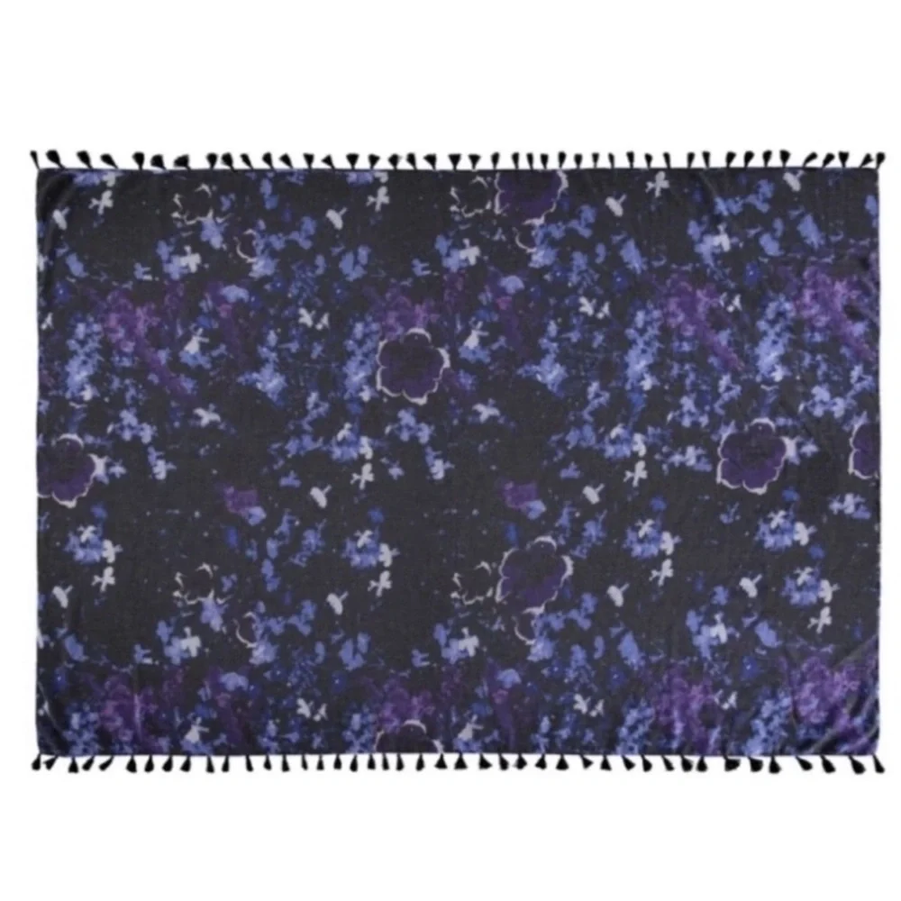 Peter Som Dream Floral Print beach fringe Sarong in Meteorite Black Blue